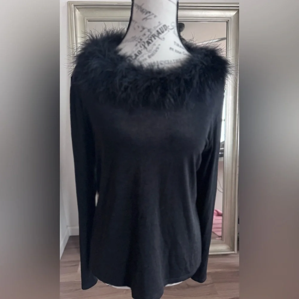 vintage 90s Y2K claudia richard faux fur collar Stretch top Women’s Size M